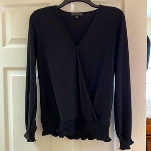 INC International Concepts Banded Bottom Black Faux Wrap Surplice Blouson Top